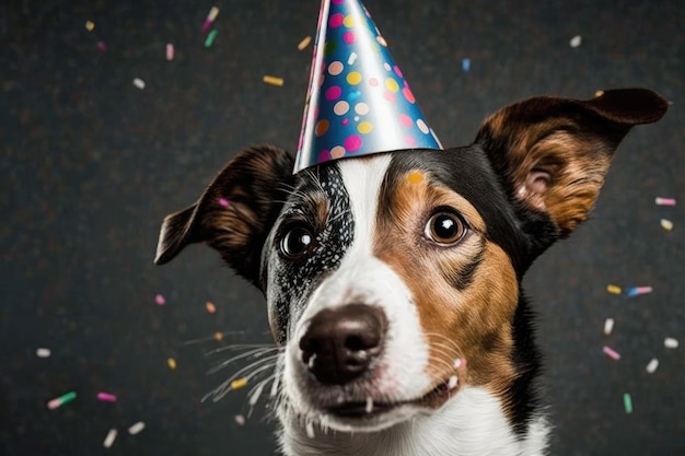 Cute dog at a birthday party with a party hat and confetti | The Web Univers
