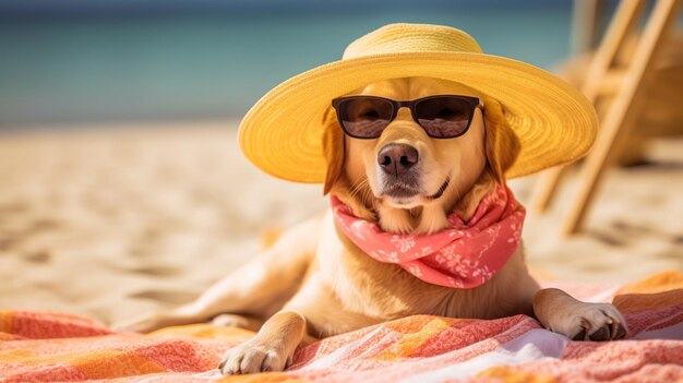 A dog wearing a yellow hat and sunglasses lies on a beach. | The Web Univers