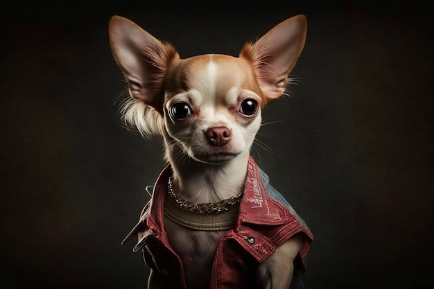 Small chihuahua dog wearing a red denim vest and a gold chain around his neck generative ai | The Web Univers