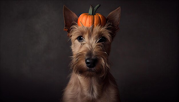 Irish terrier dog posing for halloween with a pumpkin and funny ears headband | The Web Univers