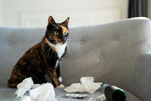 Cute cat sitting on couch with tissues and medicine | The Web Univers