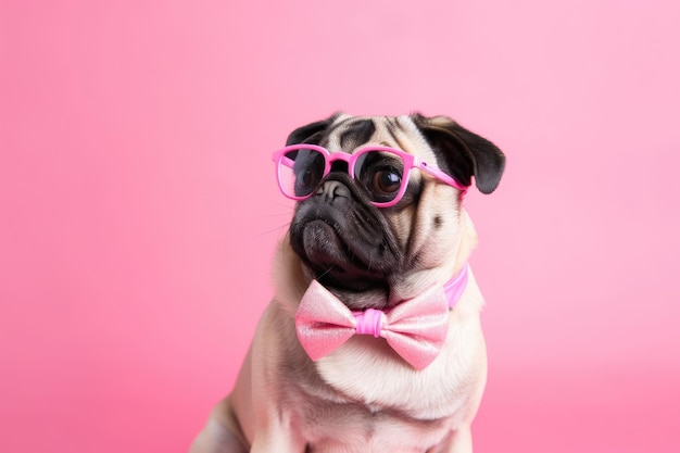 On a pink background a funny pug dog wears pink glasses | The Web Univers