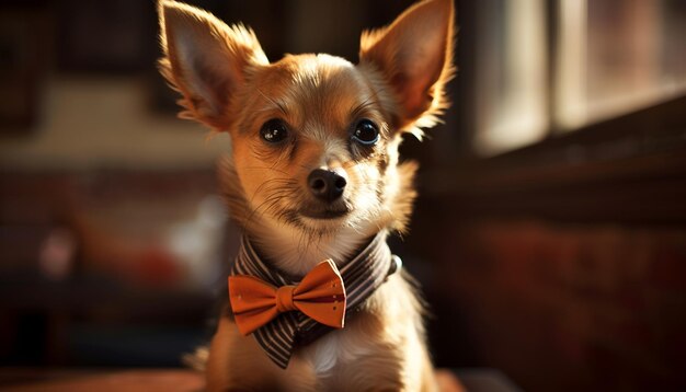 Cute purebred puppy wearing bow tie sitting indoors generated by ai | The Web Univers