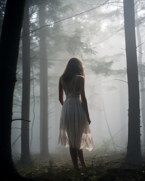 a woman in a white dress walking through a foggy forest | The Web Univers