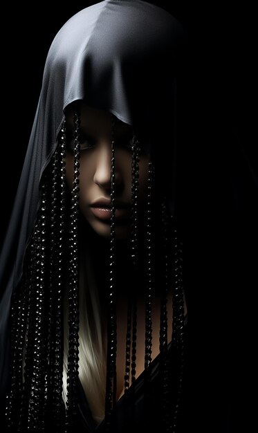 Black and white fantasy fashion portrait of hooded girl model witch Veil Dark skin low light | The Web Univers